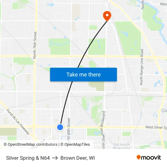 Silver Spring & N64 to Brown Deer, WI map