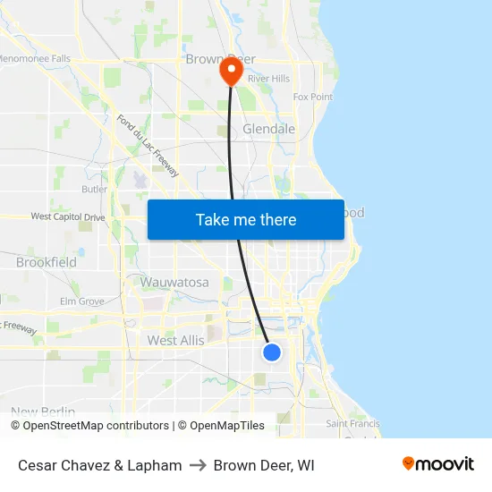 Cesar Chavez & Lapham to Brown Deer, WI map
