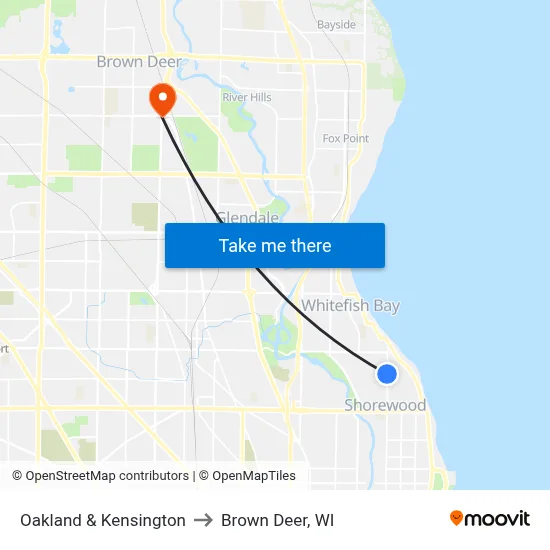 Oakland & Kensington to Brown Deer, WI map