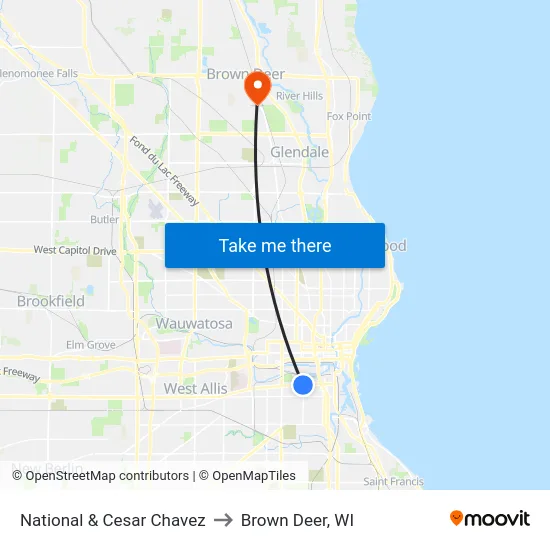 National & Cesar Chavez to Brown Deer, WI map