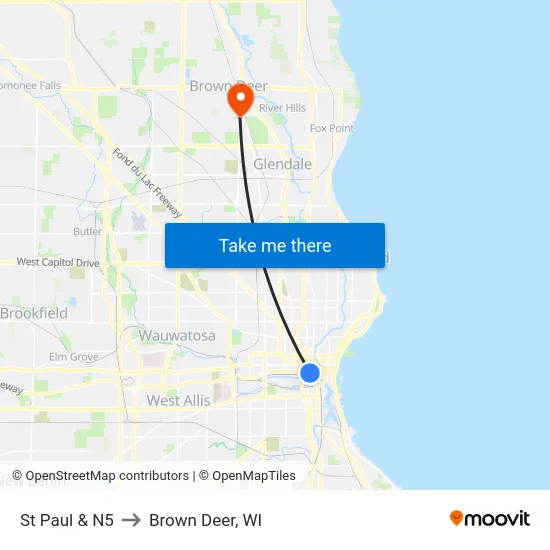 St Paul & N5 to Brown Deer, WI map
