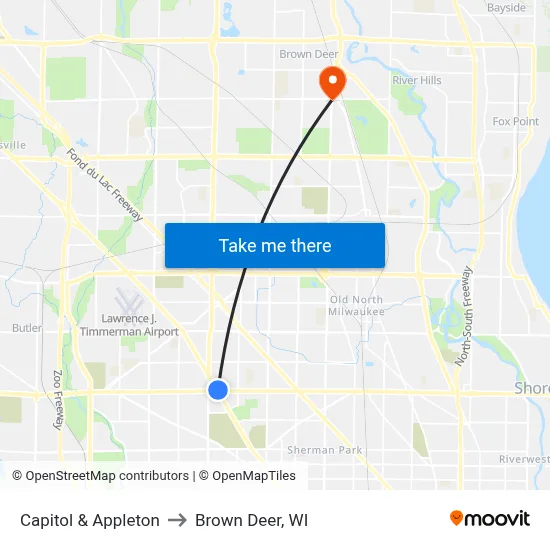 Capitol & Appleton to Brown Deer, WI map
