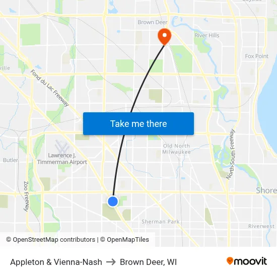 Appleton & Vienna-Nash to Brown Deer, WI map