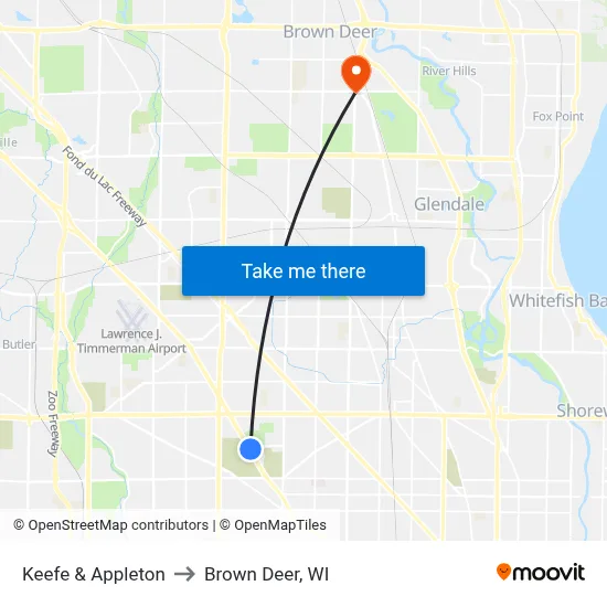 Keefe & Appleton to Brown Deer, WI map
