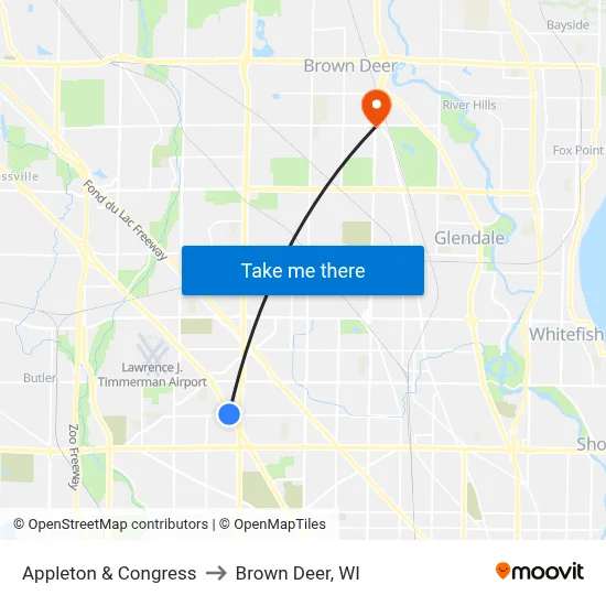 Appleton & Congress to Brown Deer, WI map
