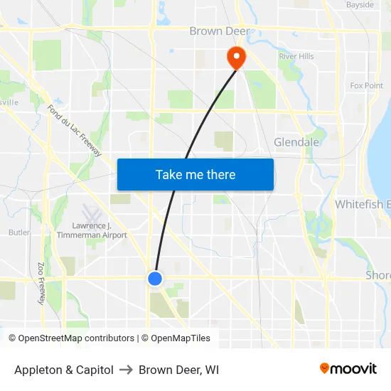 Appleton & Capitol to Brown Deer, WI map