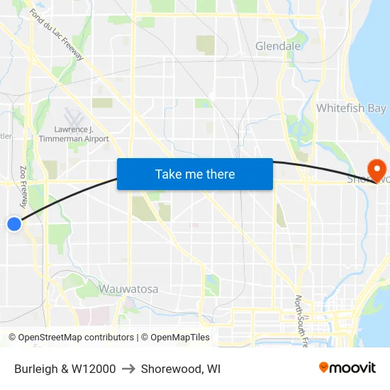 Burleigh & W12000 to Shorewood, WI map
