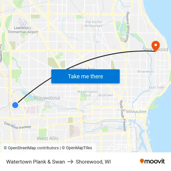Watertown Plank & Swan to Shorewood, WI map