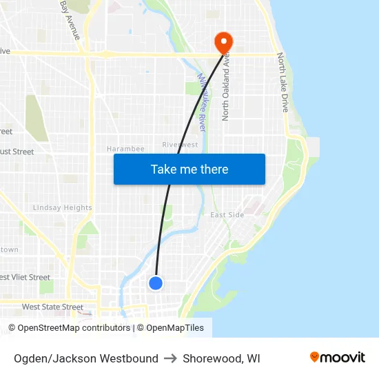 Ogden/Jackson Westbound to Shorewood, WI map