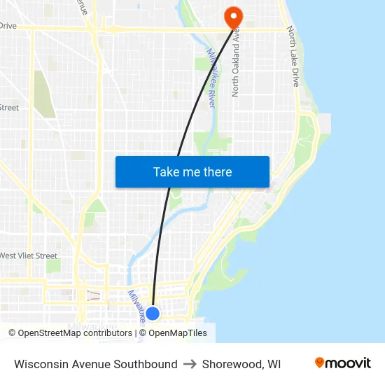 Wisconsin Avenue Southbound to Shorewood, WI map