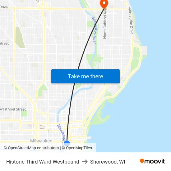 Historic Third Ward Westbound to Shorewood, WI map
