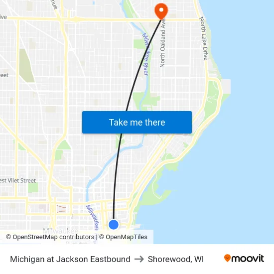 Michigan at Jackson Eastbound to Shorewood, WI map