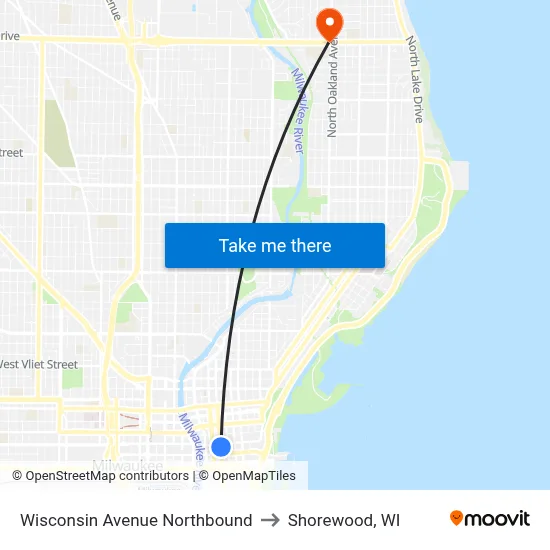 Wisconsin Avenue Northbound to Shorewood, WI map