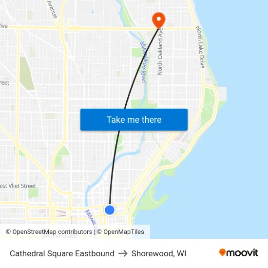 Cathedral Square Eastbound to Shorewood, WI map