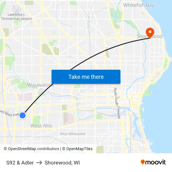 S92 & Adler to Shorewood, WI map