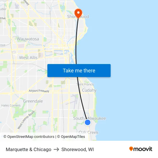 Marquette & Chicago to Shorewood, WI map