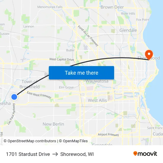 1701 Stardust Drive to Shorewood, WI map