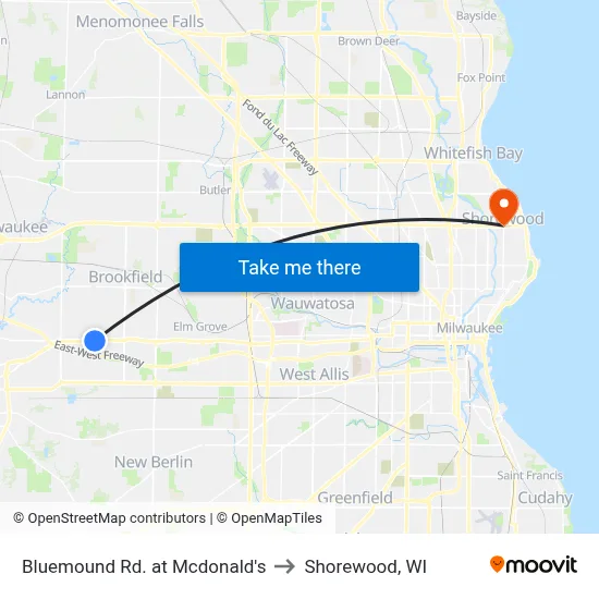 Bluemound Rd. at Mcdonald's to Shorewood, WI map