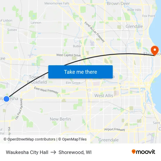 Waukesha City Hall to Shorewood, WI map