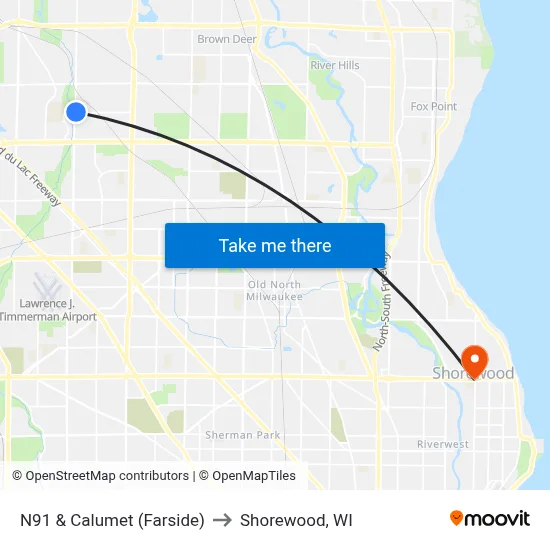 N91 & Calumet (Farside) to Shorewood, WI map