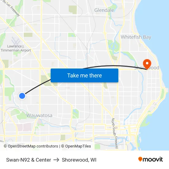 Swan-N92 & Center to Shorewood, WI map