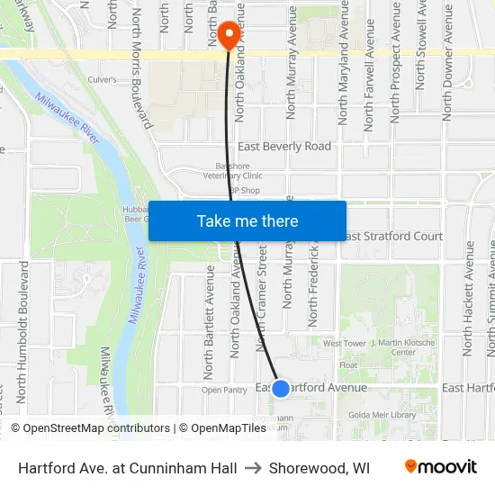 Hartford Ave. at Cunninham Hall to Shorewood, WI map