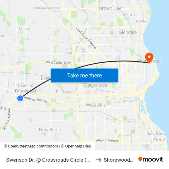 Swenson Dr. @ Crossroads Circle (West) to Shorewood, WI map