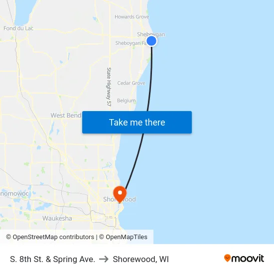 S. 8th St. & Spring Ave. to Shorewood, WI map