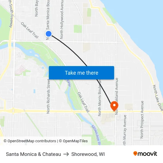 Santa Monica & Chateau to Shorewood, WI map
