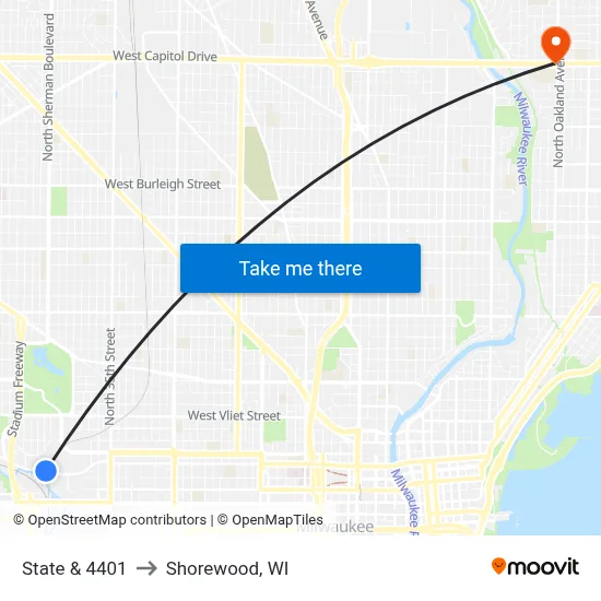 State & 4401 to Shorewood, WI map
