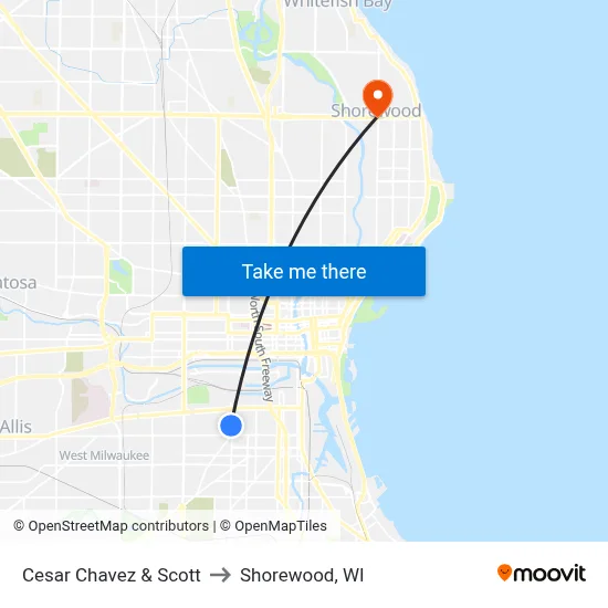 Cesar Chavez & Scott to Shorewood, WI map