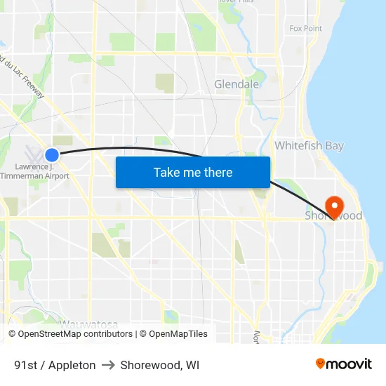 91st / Appleton to Shorewood, WI map