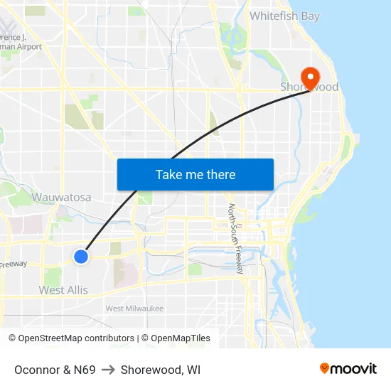 Oconnor & N69 to Shorewood, WI map