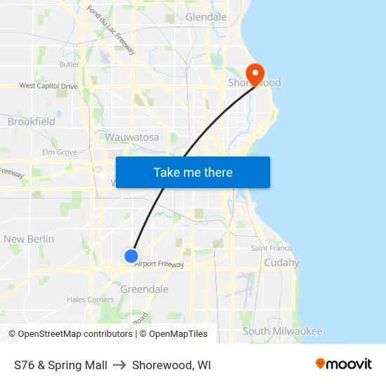 S76 & Spring Mall to Shorewood, WI map