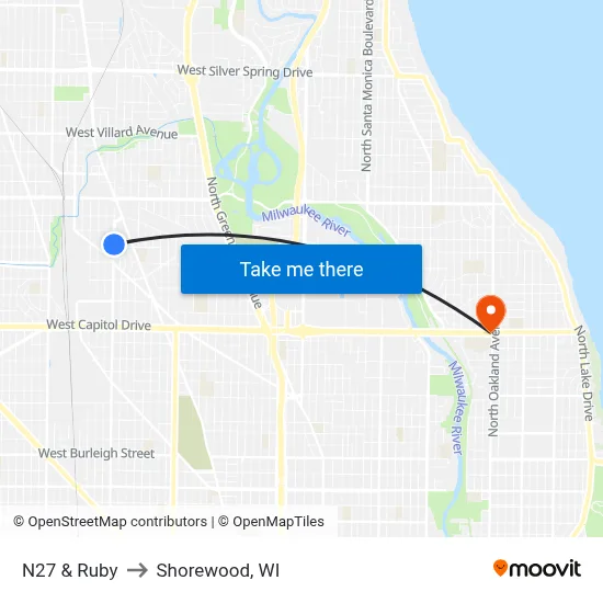 N27 & Ruby to Shorewood, WI map