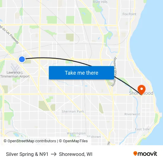 Silver Spring & N91 to Shorewood, WI map
