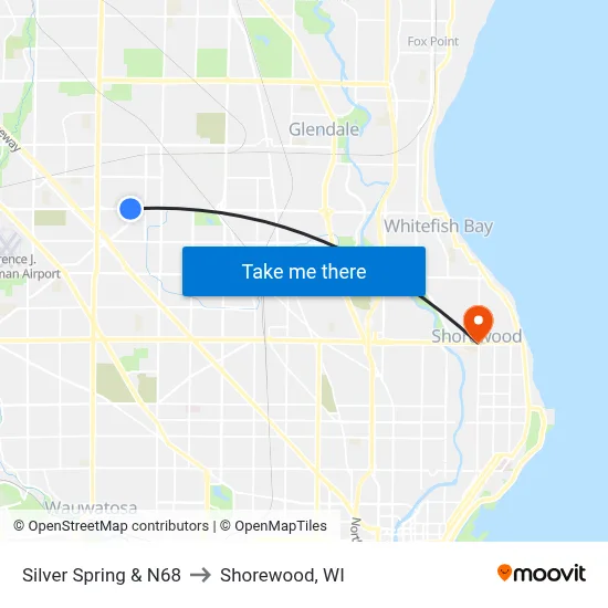 Silver Spring & N68 to Shorewood, WI map