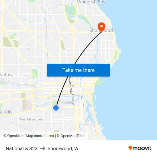 National & S23 to Shorewood, WI map
