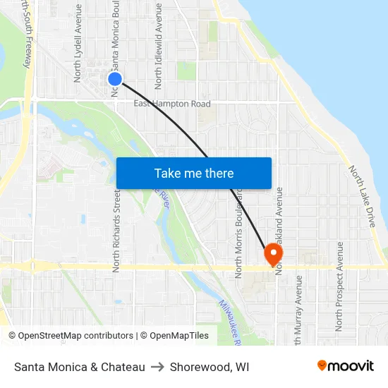 Santa Monica & Chateau to Shorewood, WI map