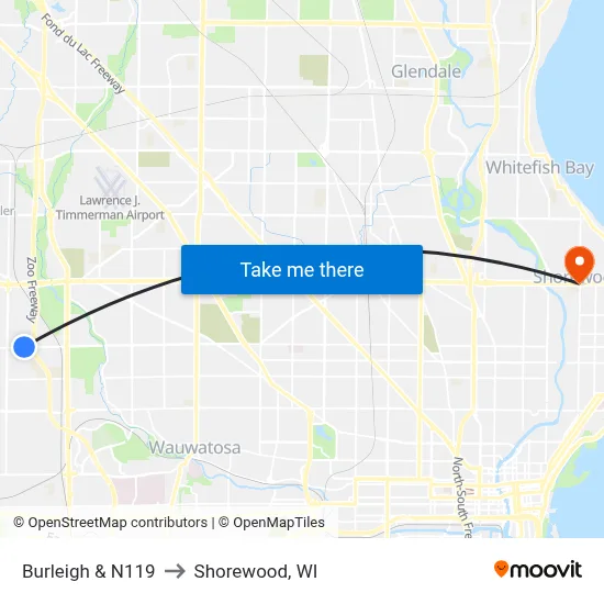 Burleigh & N119 to Shorewood, WI map