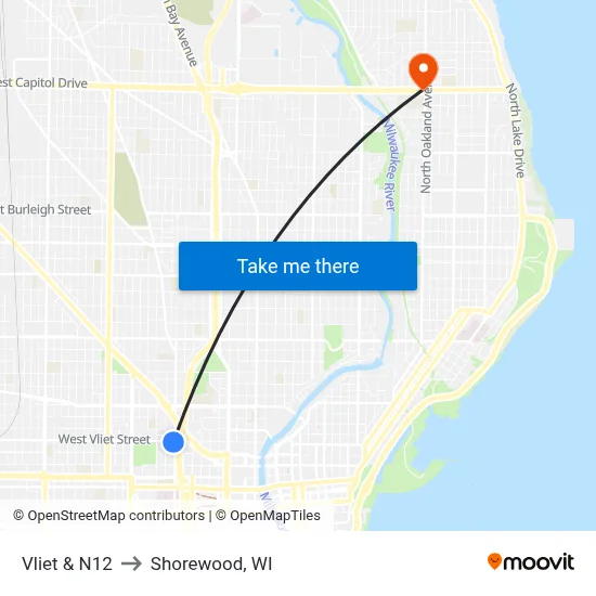 Vliet & N12 to Shorewood, WI map