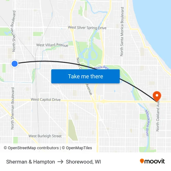 Sherman & Hampton to Shorewood, WI map