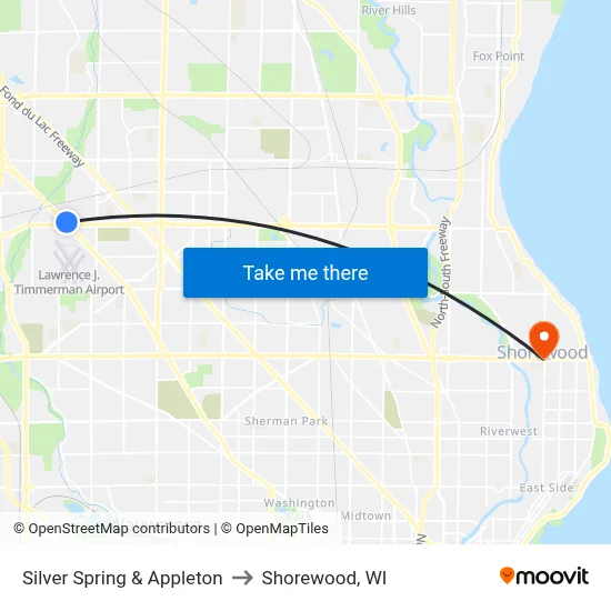 Silver Spring & Appleton to Shorewood, WI map