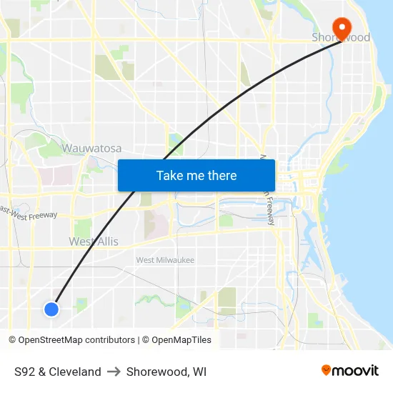 S92 & Cleveland to Shorewood, WI map