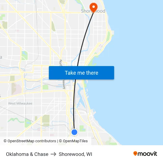 Oklahoma & Chase to Shorewood, WI map