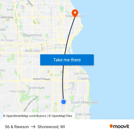 S6 & Rawson to Shorewood, WI map