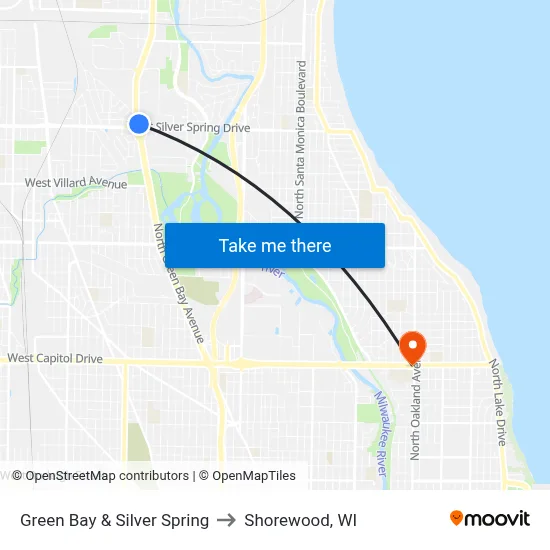 Green Bay & Silver Spring to Shorewood, WI map