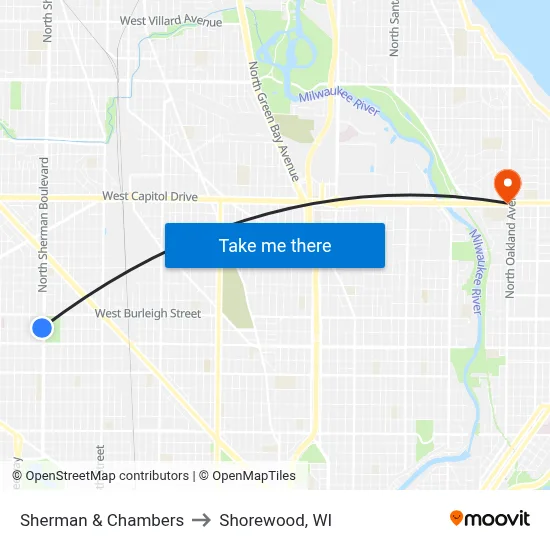 Sherman & Chambers to Shorewood, WI map