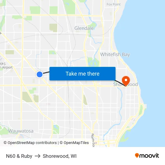 N60 & Ruby to Shorewood, WI map