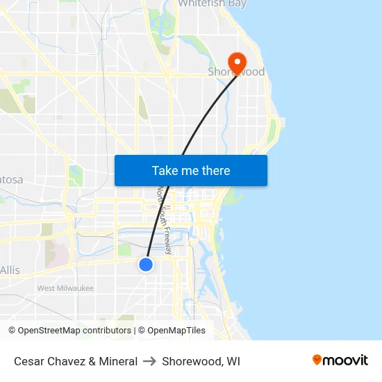 Cesar Chavez & Mineral to Shorewood, WI map